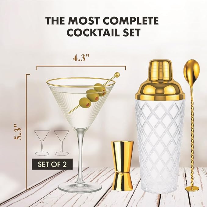 VEMACITY - Luxury Cocktail Shaker Set - Gold Glass Cocktail Shaker with Built-In Strainer + 2 Ribbed Espresso Martini Glasses with Gold Rims, Bar Spoon & Jigger | Ideal for Christmas & New Years