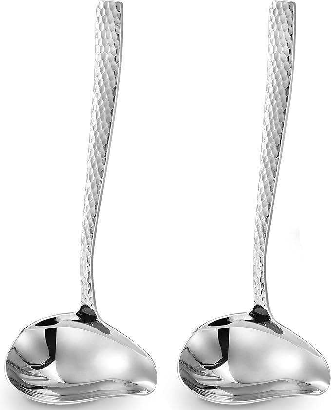 KEAWELL Louis Hammered 18/10 Stainless Steel Sauce Ladle With Pouring Spout, Great small sauce spoon for gravies and dressings, 7.4 Inch, Dishwasher Safe (2)