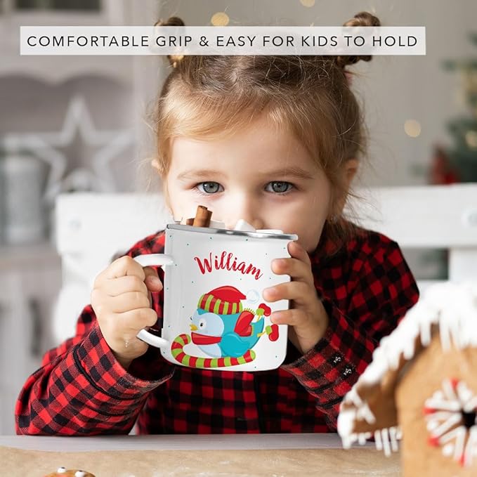 Andaz Press Personalized Name 11oz. Kids Christmas Hot Chocolate Stainless Steel Campfire Coffee Mug, Festive Blue Owl Candycane, 1-Pack, Custom Child’s Birthday Xmas Cup