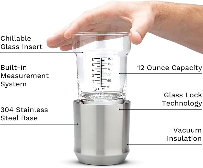 Elevated Craft Hybrid Cocktail Glass Premium Vacuum Insulated Steel Base with Removable Insert - 12oz Rocks Glass, Double Old Fashioned Lowball for Margaritas, Bourbon, Whiskey - Steel