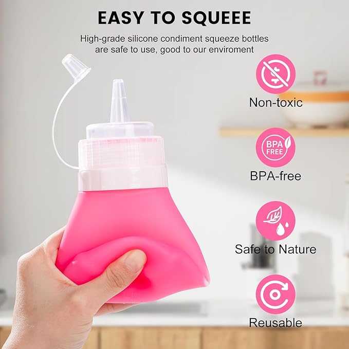 Condiment Squeeze Bottles, 12 oz Silicone Squeeze Bottles For Sauces, Leak Proof Condiment Containers with Extra Interchangeable lid, Easy Squeeze for Oil, Honey & Dressings, BPA FREE (4 Pack)
