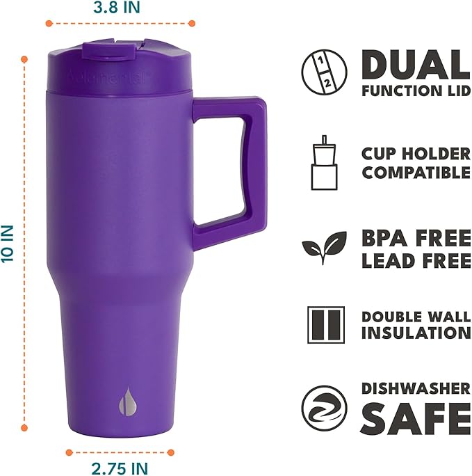 Elemental 32 oz 100% Leak Proof Tumbler with Handle & Straw - Stainless Steel Double Wall Insulated Tumbler for Hot and Cold Beverages - Travel Coffee Mug with Sip & Straw Lid - Purple