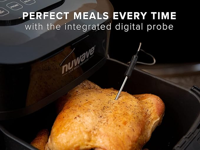 Nuwave Brio 6-Quart Healthy Digital Smart Air Fryer with Probe One-Touch Digital Controls, Advanced Cooking Functions, Removable Divider Insert & Grill Pan (NEW ACCESSORY),Black
