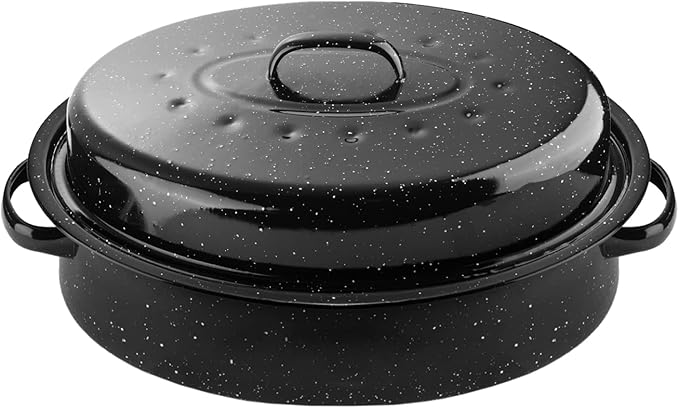 16Inch Roasting Pan, Enamel on Steel, Black Covered Oval Roaster Pan with Lid, Medium Cookware for Turkey, Small Chicken, Roast Baking Pan.