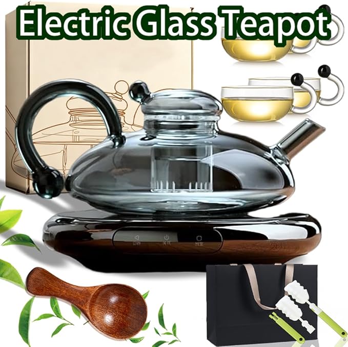 Electric Glass Teapot with Warmer - 20 Oz Glass Electric Tea Kettle with Infuser, 9-Temperature | 1000w Heating Ceramic Stove, TeaPot Set with Infuser for Loos Tea & Coffee (B with 4 Cups)