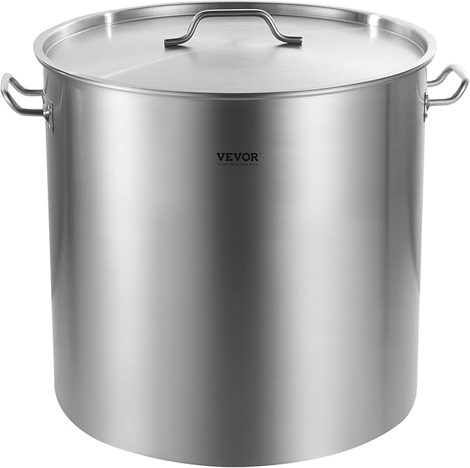 VEVOR Stainless Steel Stockpot, 100 Quart Large Cooking Pots, Cookware Sauce Pot with Basket, Lid, and Handle, Heavy Duty Commercial Grade Stock Pot, Sanding Treatment, for Large Groups Events Silver