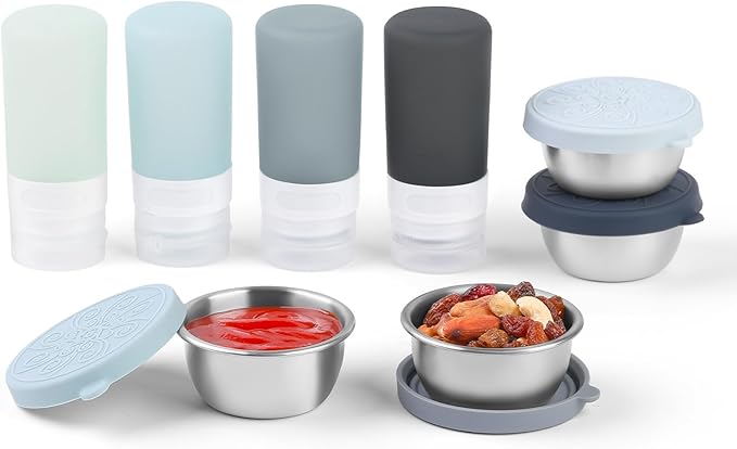 8-Pack Salad Dressing Container To Go, 2-oz Silicone Small Condiment Squeeze Bottles and 1.6 oz Stainless Steel Sauce Containers Cups, Leakproof Condiment Containers with Lids for Lunch Box