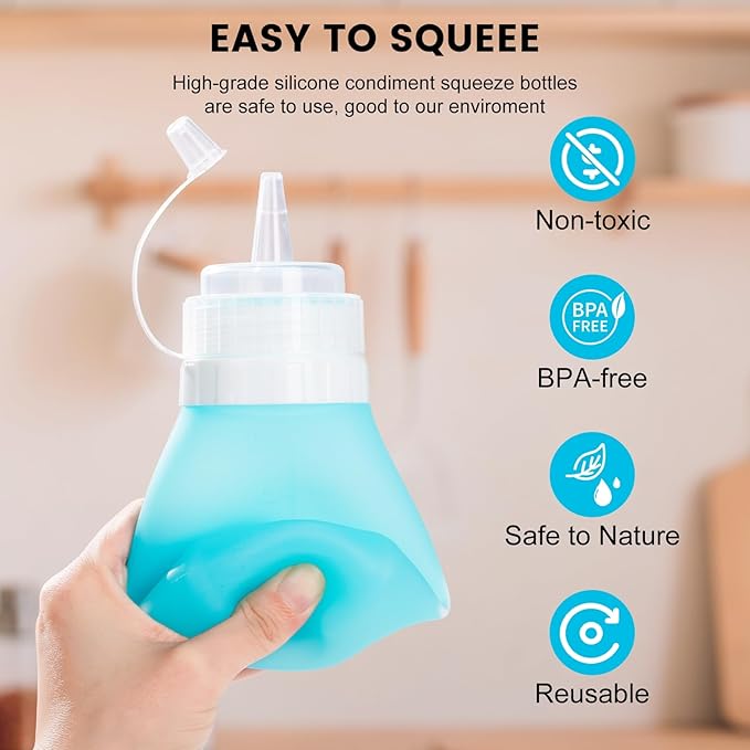 Condiment Squeeze Bottles, 12 oz Silicone Squeeze Bottles For Sauces, Leak Proof Condiment Containers with Extra Interchangeable lid, Easy Squeeze for Oil, Honey & Dressings, BPA FREE (4 Pack)