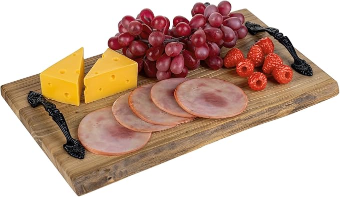 MyGift 14 Inch Vintage Solid Reclaimed Wood Serving Tray with Black Metal Handles, Rustic Wooden Decorative Display Platter, Home Table Kitchen Counter Decor