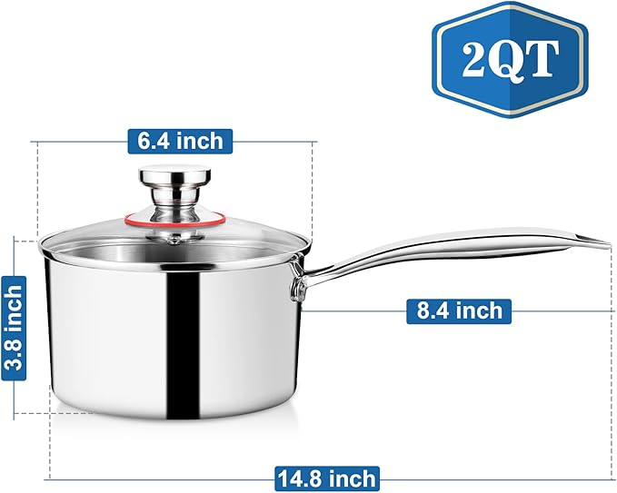 P&P CHEF 2 Quarts Tri-Ply Stockpot and Saucepan, Stainless Steel Sauce Pan with Lid, Cooking Induction Pot, Kitchen Cookware for All Stoves, Non-Toxic, Durable & Dishwasher Safe, 1 Piece