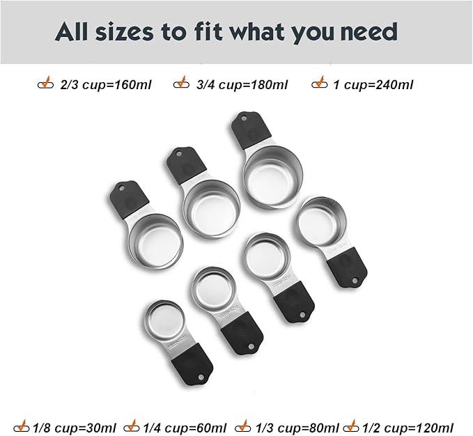 Magnetic Measuring Cups Set, 7 Pieces 18/8 Stainless Steel Stackable Nesting Heavy Duty Metal Measure Cups, Silicone Handle kitchen Tools for Dry and Liquid Ingredients, Dishwasher Safe (Black）