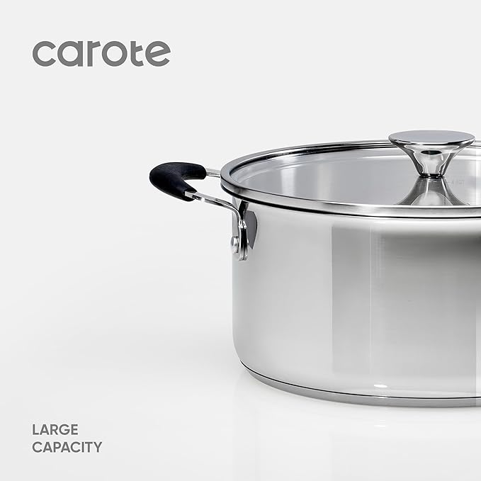 Carote Stainless Steel Stock Pot - 5 Quart Heavy Duty Induction Cooking Pot with Visible Lid for Pasta, Soup, Spaghetti, Bottom Big Stockpot, Deep Cookware for Canning, Boiling, Simmer, Silver