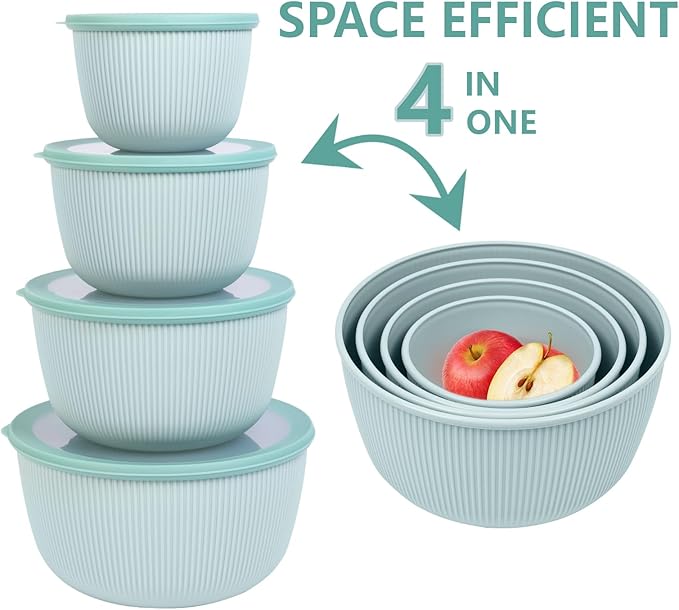 BoxedHome Mixing Bowls with Lids - 8 Piece Plastic Nesting Bowls Set includes 4 Prep Bowls and 4 Lids, Microwave and Dishwasher Safe, Green