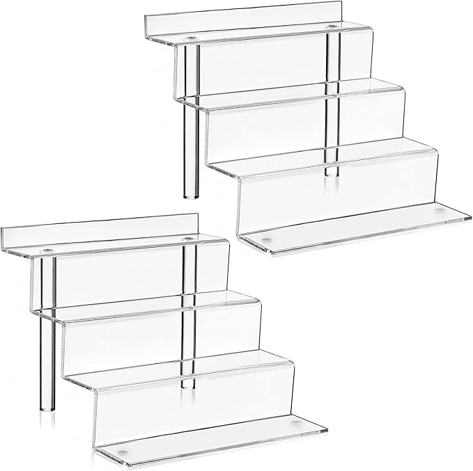 Large 2 Pack Acrylic Display Risers - 4 Tier Shelf Cupcake Stand, Clear Perfume Organizer, 12 Inch Riser Stand for Figures, Desserts & Party Decor