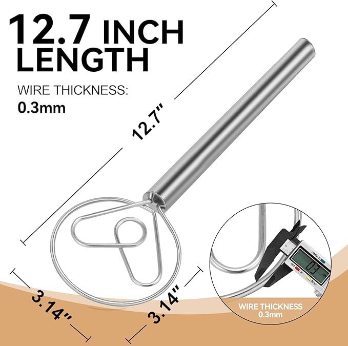 Danish Dough Whisk Stainless Steel Hook Dutch Baking Tool Bread Sourdough Mixer for Pizza Pastry Cake Batter Making