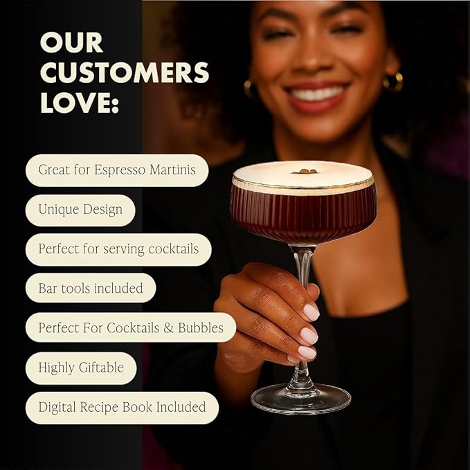 VEMACITY - Ribbed Espresso Martini Glasses Set of 4 with Gold Rims - Vintage Cocktail Glasses for Margaritas, Champagne and More - Includes Jigger & Bar Spoon | Ideal for Christmas & New Years