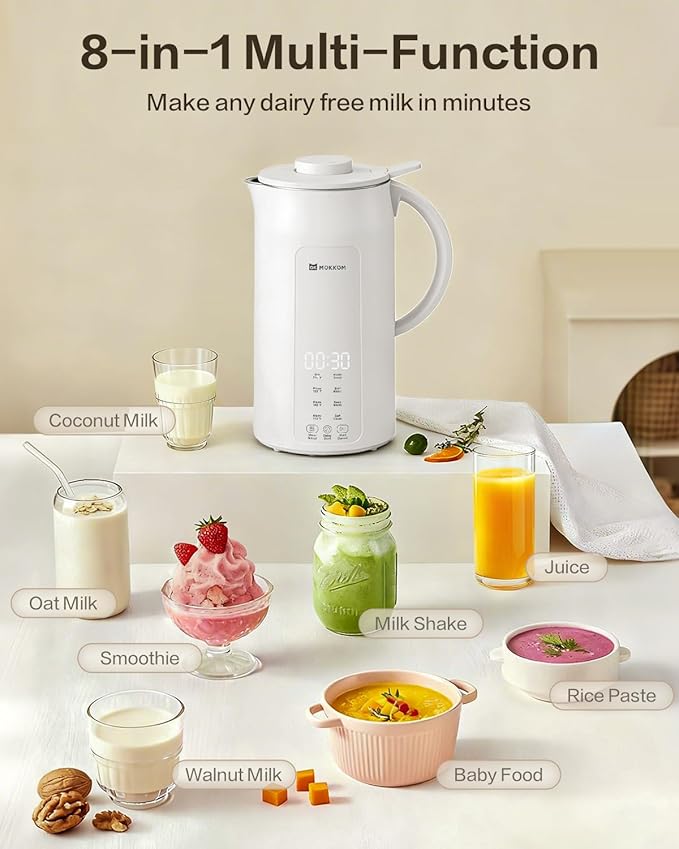 MOKKOM 9 in 1 Nut Milk Maker, 42oz Automatic Almond Milk Machine for Homemade Plant-Based Milk, Oats, Soy, Dairy Free Beverages, Soy Milk Maker with Delay Start/Keep Warm/Self-Cleaning/Boiling, White