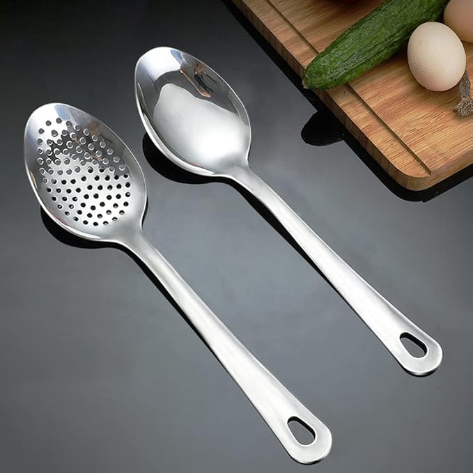 Cooking Spoon Set, 2Pcs 14.7" Stainless Steel Large Serving Spoons, Solid & Slotted Spoons for Restaurant, Metal Kitchen Utensils