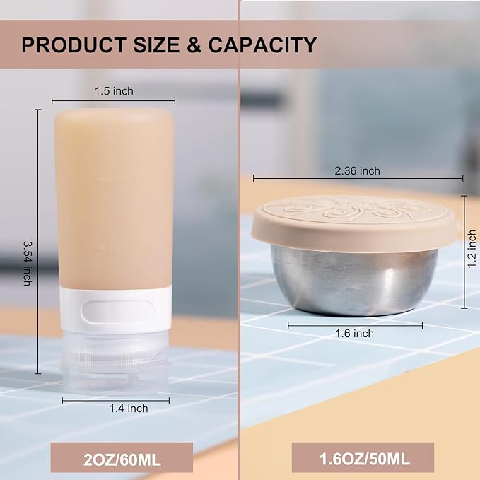 8-Pack Salad Dressing Container To Go, 2-oz Silicone Small Condiment Squeeze Bottles and 1.6 oz Stainless Steel Sauce Containers Cups, Leakproof Condiment Containers with Lids for Lunch Box