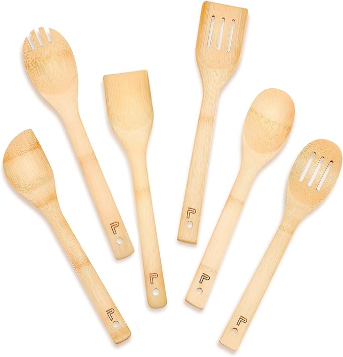 Wooden Spoons for Cooking 6 Piece - Wooden Cooking Utensil Set Nonstick Bamboo Cooking Spoons & Spatula Premium Kitchen Utensils Set Christmas Housewarming Gifts