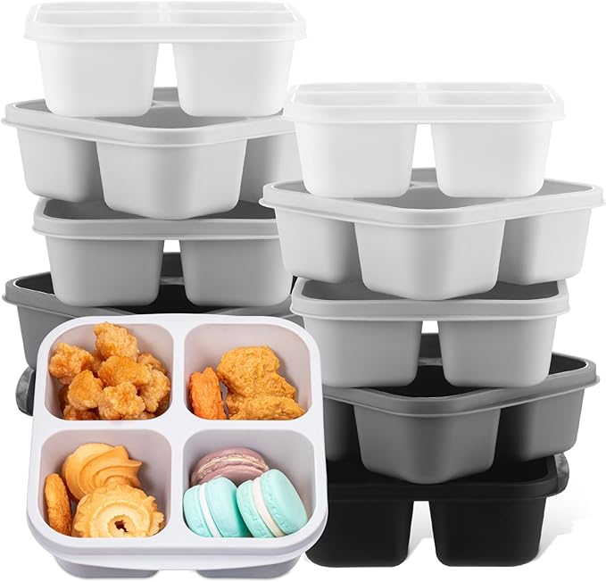 Honeydak 10 Pack Snack Container 4 Compartment Reusable Bento Snack Boxes Divided Lunchable Containers with Lids Meal Prep Lunch Food Storage Boxes for School Work Travel(Black and White Ombre Color)