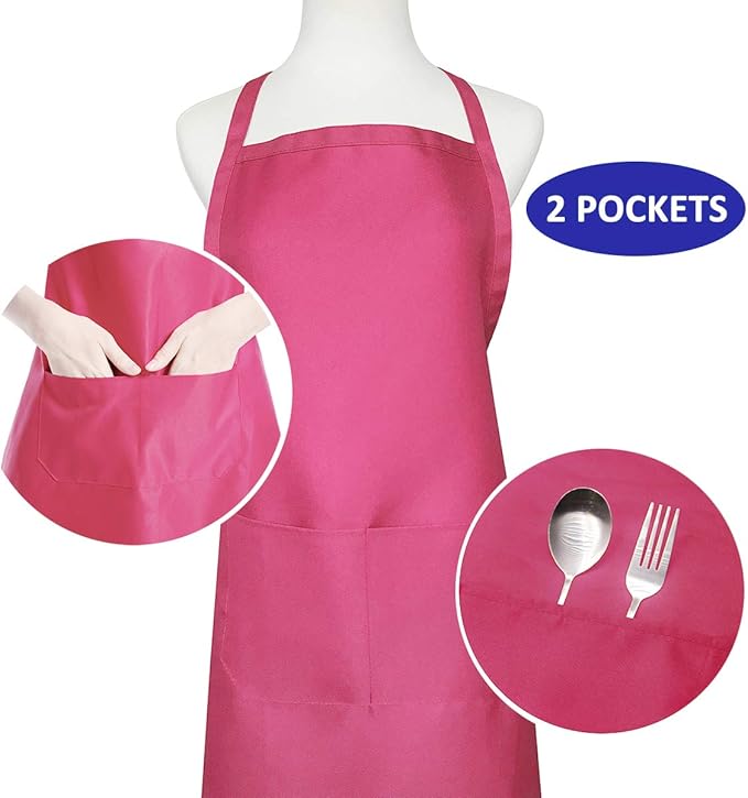 10 Pack Bib Pink Aprons Bulk for Women Girl Adult Painting BBQ Cooking Kitchen Baking with Pockets (10, Pink)