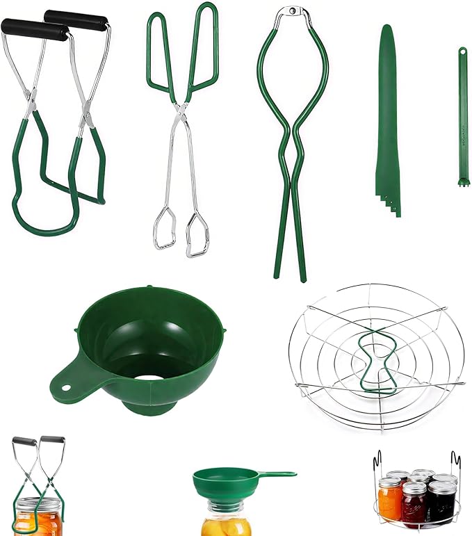 7PCS Canning set,Canning Kit with Canning Tongs Jar Lifter,Canning Tongs,Can Opener,Funnel For Canning,Steamer Rack,Lid Lifter Bubble Popper(Green)