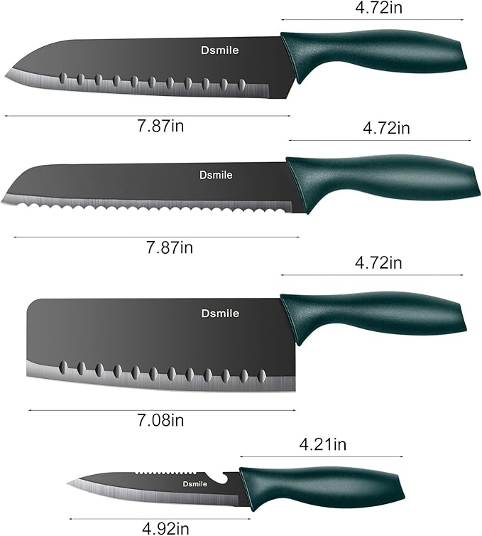Dsmile 4 PCS Kitchen Knife Set,Black Stainless Steel Knives with Knife Covers,Non-Stick Coated Stainless Steel Blades for Cutting,Slicing & Dicing