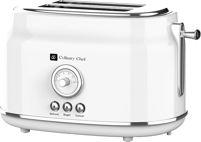 Frigidaire ETO102-WHITE, 2 Slice Toaster, Retro Style, Wide Slot for Bread, English Muffins, Croissants, and Bagels, 5 Adjustable Toast Settings, Cancel and Defrost, 900w, White