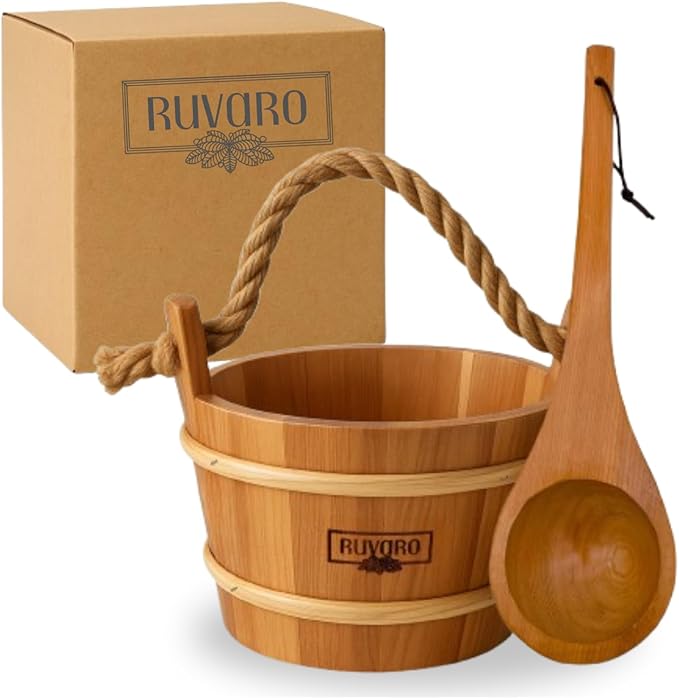 Sauna Bucket and Ladle Set – Handcrafted from Canadian Red Cedar Wood – 1 Gallon (4Liters) Water Capacity – Leakproof Liner – Natural Rope Handle - Luxury Sauna Accessories Set