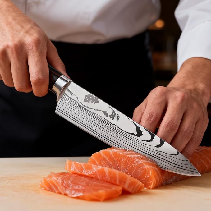 8-Piece Premium Japanese Kitchen Knife Set - Imperial Collection, Laser Damascus Pattern, 440A Stainless Steel Ultra Sharp for Fast Cutting (Redwood 8J)