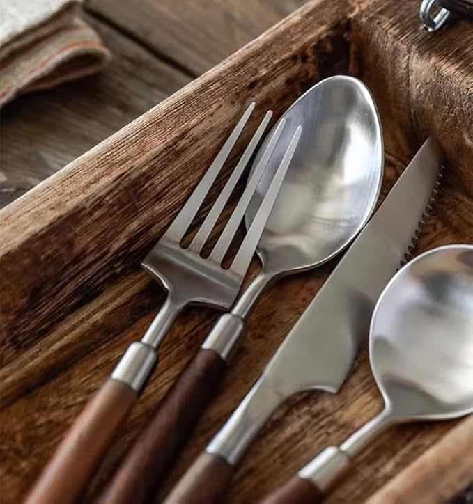Walnut Wooden Silverware Set Flatware Set for 14 Exquisite Ergonomic Wood Handle Utensil Sets 18 10 Stainless Steel Cutlery Sets Include Fork Knife Spoon Matte Tableware,Dishwasher Safe