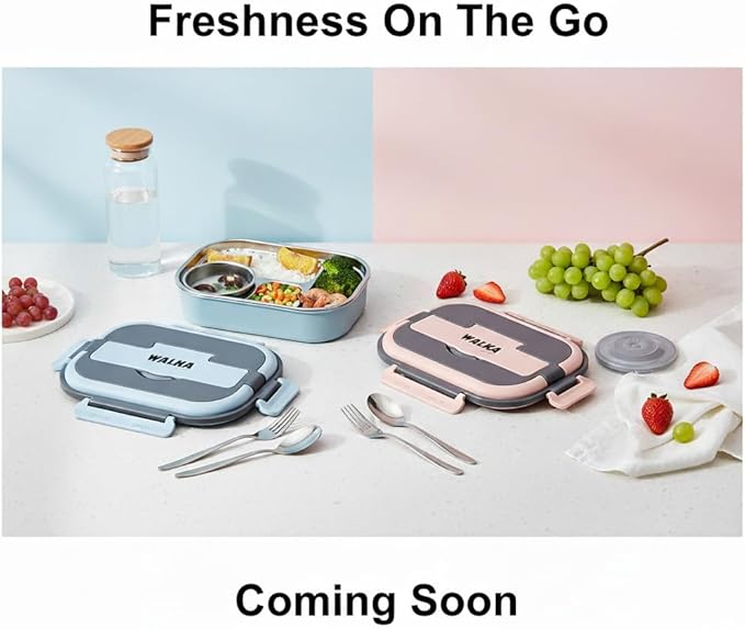 WALKA Lunch Box Stainless Steel, Metal Bento Boxes Leak-Proof, 4 Compartments Bento Lunch Box, Food Storage Containers, Dishwasher Safe with Bag (Pink)