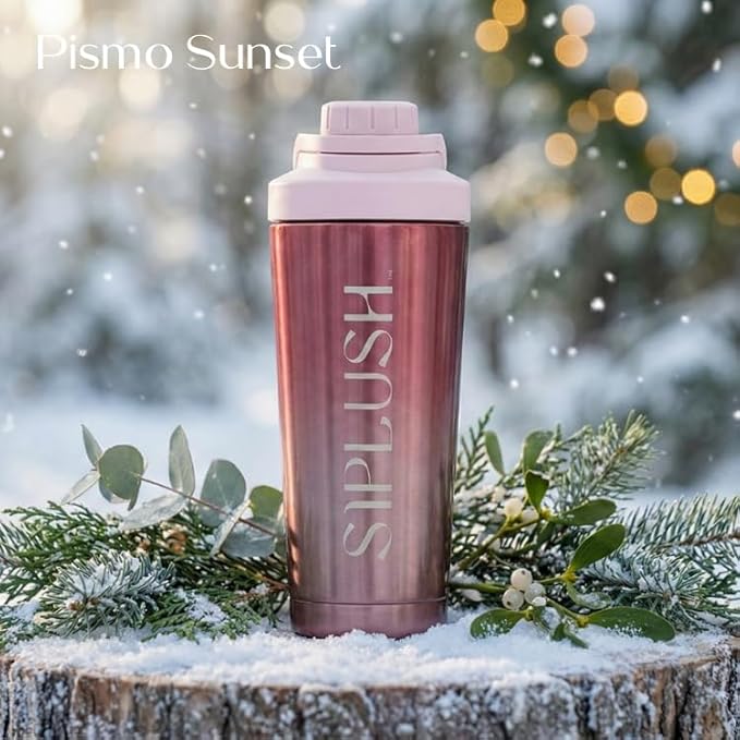 Paradise Shaker Bottle, 24 oz, Insulated Stainless Steel Protein Shaker, Smoothie and Pre Workout for Women, with Leakproof Twist-Off Chug Cap, Quiet Mixing, Pink Ombre, Pismo Sunset