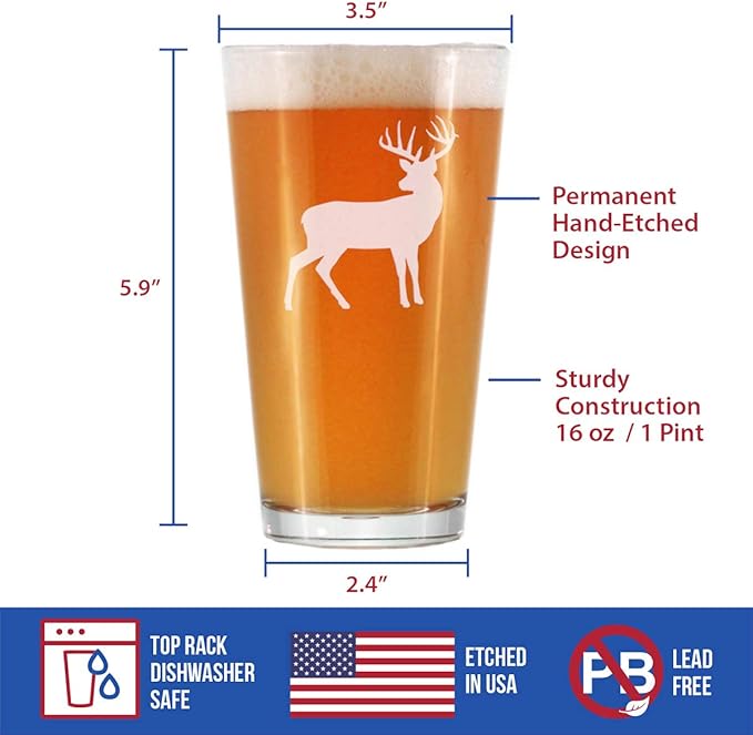 Deer Pint Glass for Beer - Cabin Themed Gifts or Rustic Decor for Men and Women - Fun Drinking or Party Glasses - 16 oz
