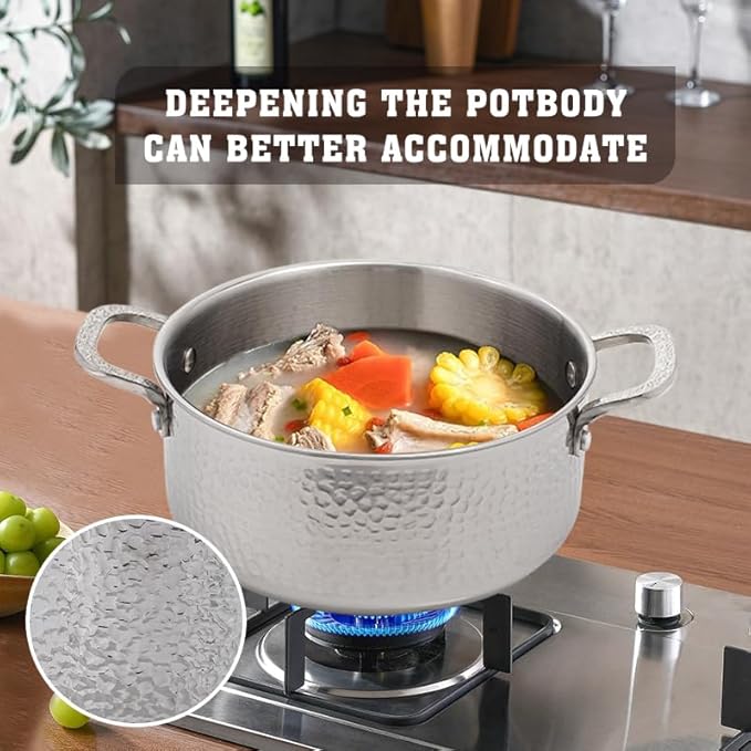 Vivicreate Tri-Ply Stainless Steel Stockpot Deep Cooking Pot with Hammered Exterior Compatible with All Stovetops Even Heat Distribution Durable Cookware for Soups Stews and More 3 QT