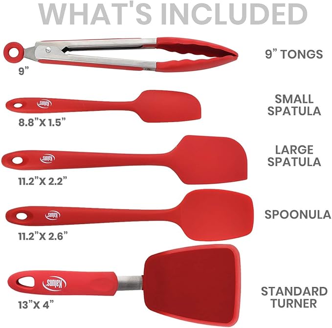 Kaluns 5-Piece set Includes 3 Silicone Spatulas 1 Turner and 1 9" Tong Kitchen Tools Best for Cooking,Baking and Mixing, Strong Stainless steel core design Non-stick and 600F Heat resistant