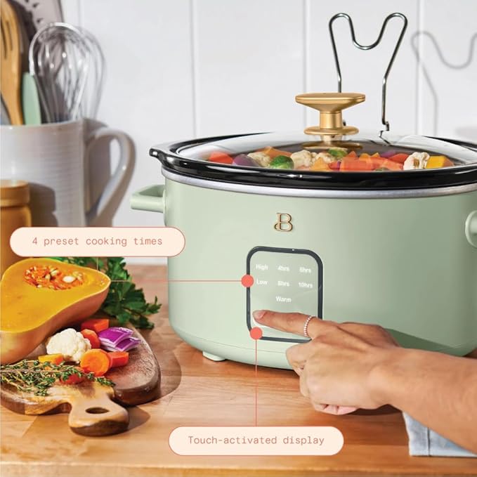 Beautiful 4-Quart Slow Cooker with Touch-Activated Display, Programmable Digital Controls, Removable Non-Stick Pot, Keep Warm Function, by Drew Barrymore (Sage Green)