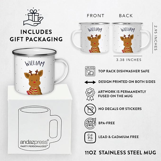 Andaz Press Personalized 11Oz. Kids Christmas Hot Chocolate Stainless Steel Campfire Coffee Mug, Adorable Rudolph Reindeer Red Green Scarf, 1-Pack Custom Birthday Xmas Cup Christmas Mugs Hot Cocoa Mug