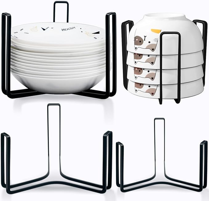 Dinnerware Bowl Plate Holder Fit for 6.5 Inches Diameters Bowl, Metal Bowl Storage Dying Display Rack for Kitchen Drawer, Countertop, Cabinet, Shelf, Cupboard (Black, Small 2PCS+Large 2PCS)