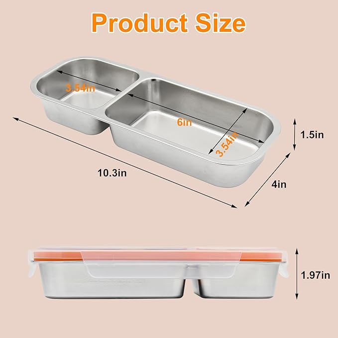 Stainless Steel Snack Containers with Lids, Reusable 2 Compartment Condiment Boxes, Stainless Steel Children's Fruit Box for School,Travel, Office and Outdoors