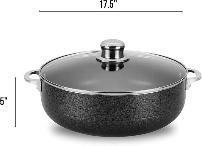 Alpine Cuisine 13-Quart Nonstick Aluminum Caldero Pot with Glass Lid & Riveted Handle | Heavy-Duty Cookware for Large Servings of Stew & Rice | Easy Clean, Black