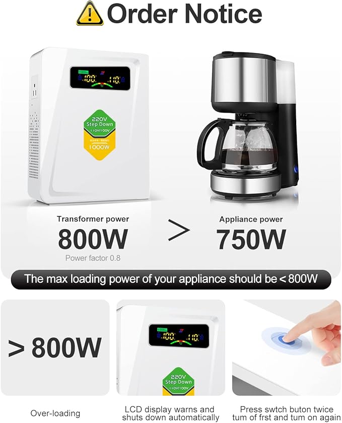 220v to 110v Step Down Transformer 1000W Power Voltage Converters, No Noise, Ten Protection Functions, Suit for Coffee Machines, Rice Cookers and Other US Appliances Used in Europe