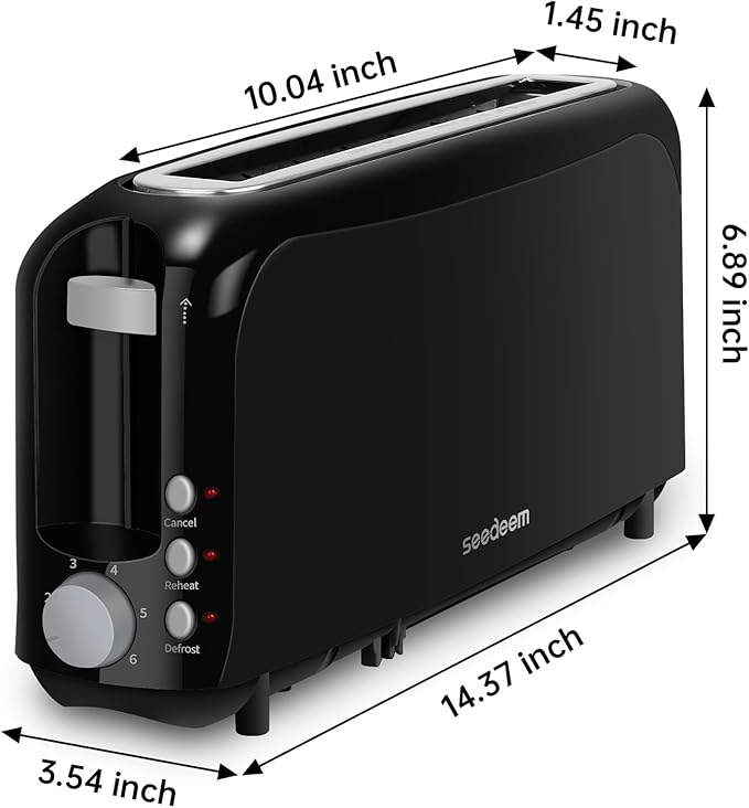SEEDEEM 2 Slice Slim Toaster, Single 10" Long Slot Toaster Fits Bagels & Artisan Bread, 6 Shade Settings, Cancel/Reheat/Defrost, Removable Crumb Tray, Auto Shut-Off, Black