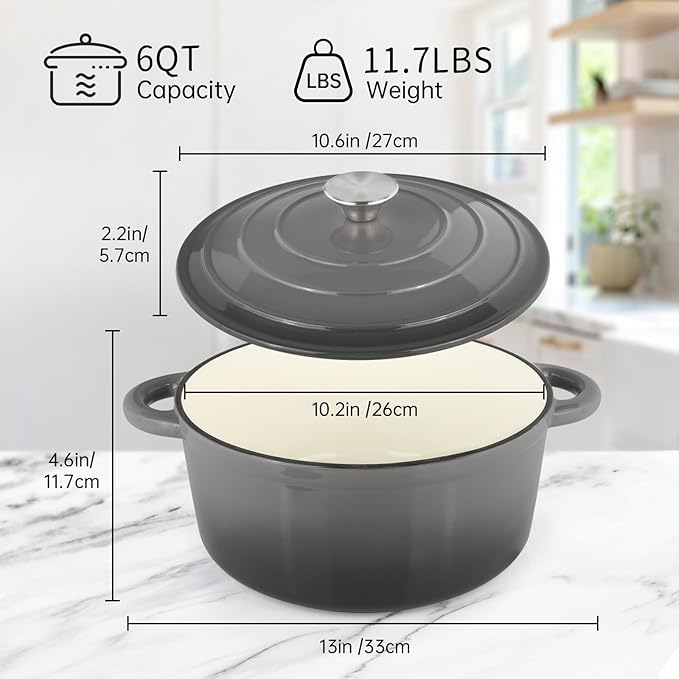 6 Quart Enameled Cast Iron Dutch Oven Pot with Lid, Oven Safe up to 500°F or on Stovetop, Non-stick Dutch Oven for Bread Baking, Cooking, Dual Handles Cookware, Grey