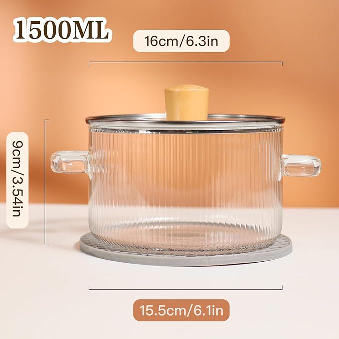 Glass Cooking Pot with Lid - 1.5L(50oz) Heat Resistant Borosilicate Glass Saucepan with Brush & Anti-Scalding Mat for Pasta Noodle, Soup, Milk, Baby Food