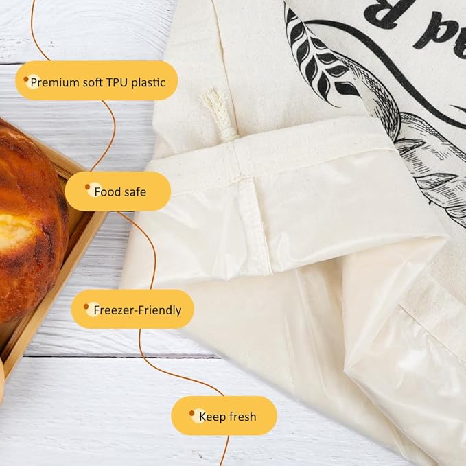 2pcs Large Bread Storage Bags Organic Cotton TPU Lined, 17.7"x13.7" Reusbale Freezer-Friendly Sourdough Bread Bags for Homemade Baguette, Baking Gifts