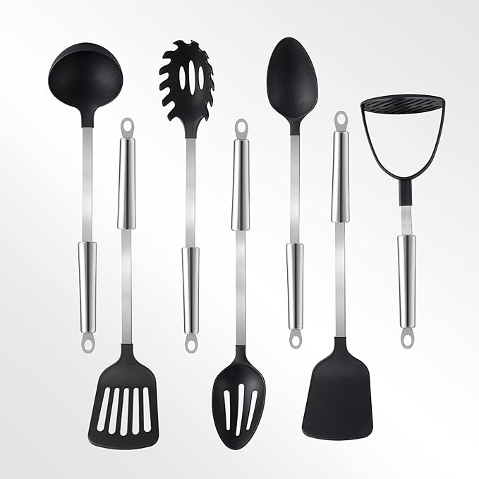 TJ POP Kitchen Utensils Set 7 Pcs, Premium Stainless Steel Heat Resistant Cooking Utensils Sets, Kitchen Gadgets Accessories Tools for Non-stick Cookware (BPA Free)