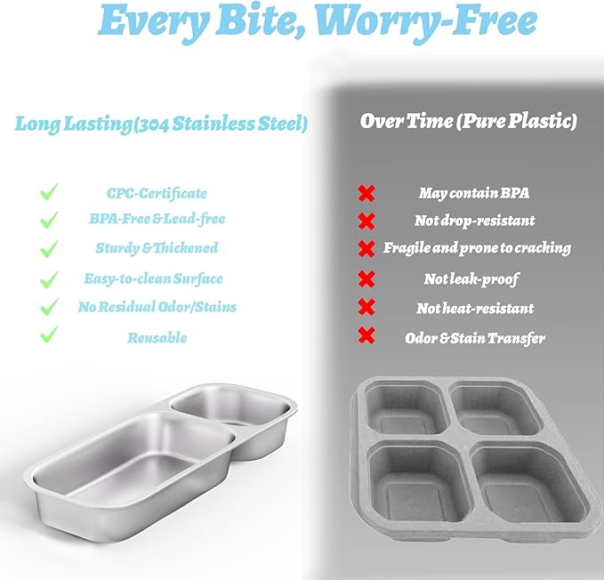 Stainless Steel Snack Containers for Kids Adults, 4 Pack 2 Compartment Metal Snack Containers Box with Lid, Reusable Food Storage Container, Leak Proof, Grab and Go