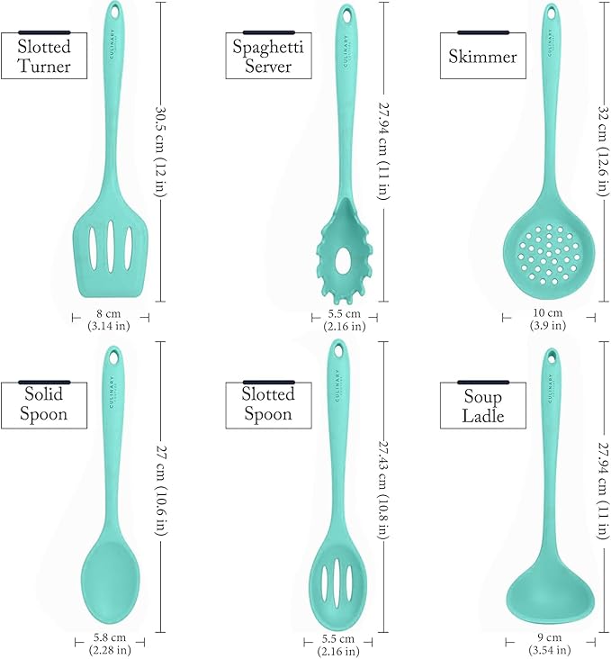 Culinary Couture Aqua Sky Silicone Cooking Utensils Set - Sturdy Steel Inner Core - Spatula, Mixing & Slotted Spoon, Ladle, Pasta Server, Drainer - Heat Resistant Kitchen Tools - Bonus Recipe Ebook